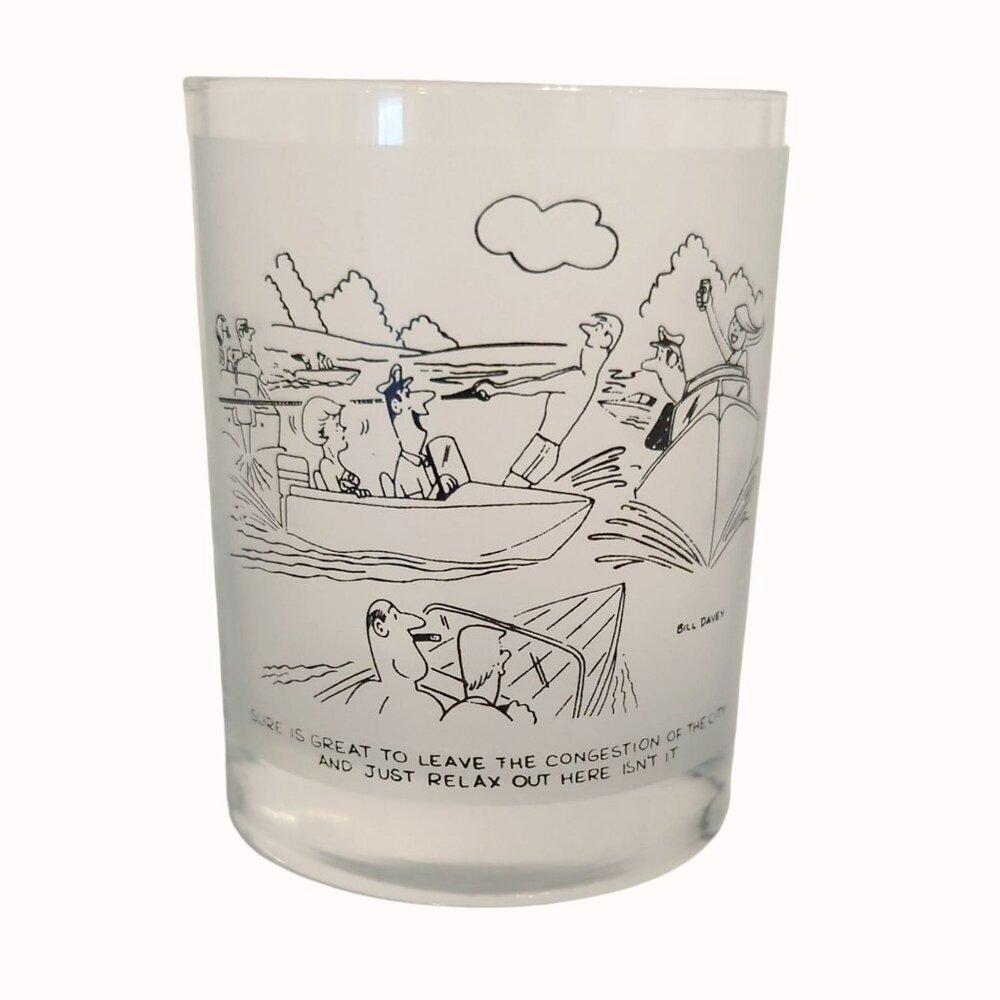 Vintage Bill Davey 70s Fishing Theme Comic Cartoon Whiskey Barware Frosted/Clear